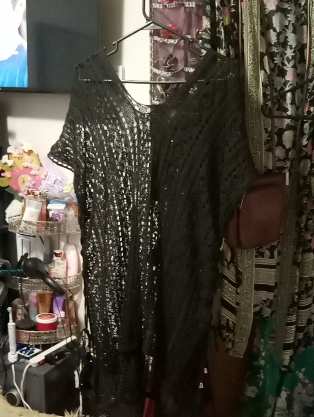 Black Crochet Swim Cover-Up Tunic with Tassel Hem